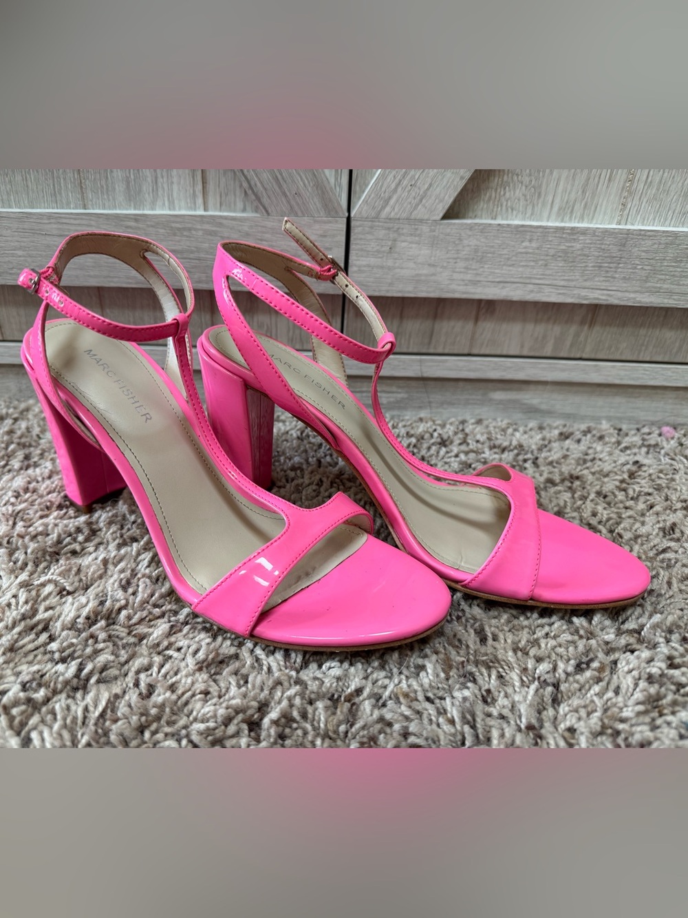 Marc Fisher - Neon Hot Pink High Gloss Patent Block Heel Sandals (6.5)